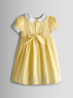Jaune clair - Robe de fête JoJo Maman Bébé Bud Fleurie Brodé à col smocké