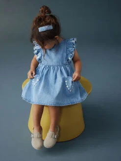 Jean bleu moyen - Robe à manches volantées (3mois8ans)