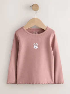Lapin rose - Haut côtelé brodé à manches longues (3mois-7ans)