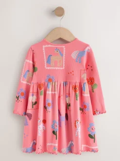 Licorne rose - Robe côtelée à manches longues (3mois-7ans)