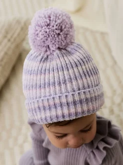 Lilas ton sur ton - Chapeau à pompons en maille chenille bébé (0mois-2ans)