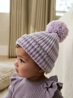 Lilas ton sur ton - Chapeau à pompons en maille chenille bébé (0mois-2ans)