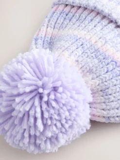 Lilas ton sur ton - Chapeau à pompons en maille chenille bébé (0mois-2ans)