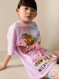 Lilas violet à fleurs - Ensemble t-shirt et short cycliste (3-16ans)