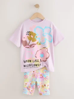 Lilas violet à fleurs - Ensemble t-shirt et short cycliste (3-16ans)