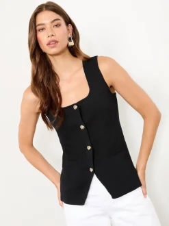 Lipsy Gilet en maille boutonné avec patte simulée à col carré