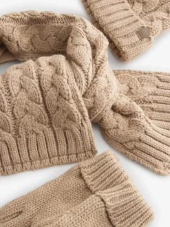 Maille torsadée neutre - Ensemble 3 pièces chapeau, gants et écharpe (3-16ans)