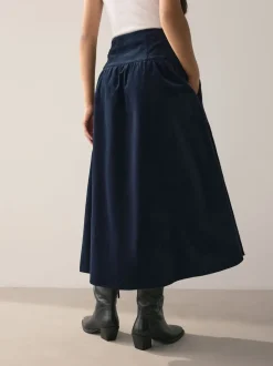 marine - Jupe mi-longue en velours côtelé à taille basse