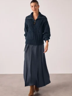 marine - Kilt mi-long en denim ceinturé