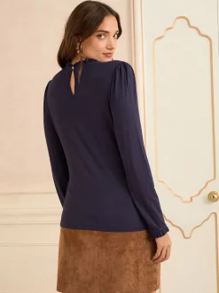 marine - Love & Roses haut en jersey à manches longues et col volanté