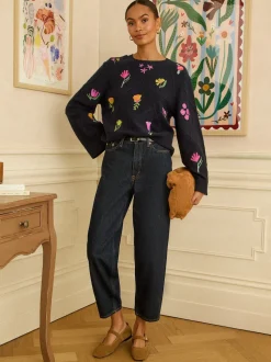 marine - Love & Roses pull en maille brodée