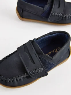 marine - Mocassins penny en cuir avec fermeture tactile et rapprochée