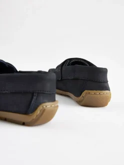 marine - Mocassins penny en cuir avec fermeture tactile et rapprochée