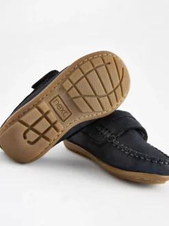 marine - Mocassins penny en cuir avec fermeture tactile et rapprochée