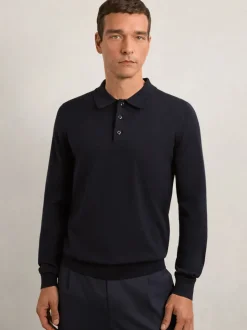 marine - Polo Reiss Trafford en laine mérinos à manches longues