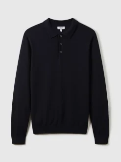 marine - Polo Reiss Trafford en laine mérinos à manches longues