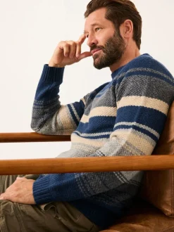 marine - Pull FatFace rayé en maille à col rond