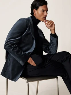 marine - Reiss Apsara Blazer en velours à boutonnage simple habillé