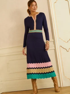 marine - Robe mi-longue Love & Roses en maille à encolure crantée