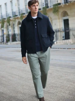 marine - Veste en sergé de laine mélangée à col en peau lainée