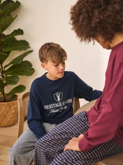 Marine/Bourgogne - Lot de 2 pyjamas en tissu à carreaux à manches longues (3-16ans)