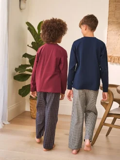 Marine/Bourgogne - Lot de 2 pyjamas en tissu à carreaux à manches longues (3-16ans)