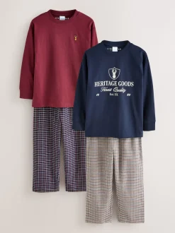 Marine/Bourgogne - Lot de 2 pyjamas en tissu à carreaux à manches longues (3-16ans)
