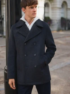 Marine/Charbon - Manteau riche en laine et doux au toucher à dents de chien