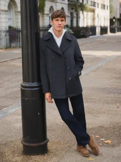 Marine/Charbon - Manteau riche en laine et doux au toucher à dents de chien