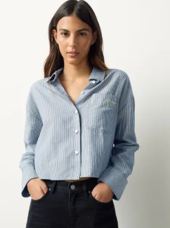 Marine/White Stripe - Chemise raccourcie décontractée à manches longues avec broderie de poche