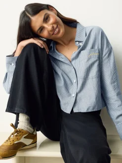 Marine/White Stripe - Chemise raccourcie décontractée à manches longues avec broderie de poche