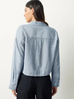 Marine/White Stripe - Chemise raccourcie décontractée à manches longues avec broderie de poche