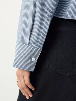 Marine/White Stripe - Chemise raccourcie décontractée à manches longues avec broderie de poche