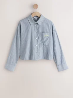 Marine/White Stripe - Chemise raccourcie décontractée à manches longues avec broderie de poche