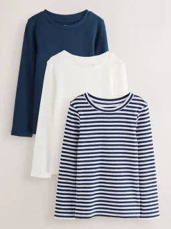 Marine/White Stripe - Lot de 3 Hauts à manches longues côtelés (3-16ans)