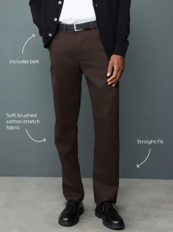 Marron - Ajustement droit - Chinos en coton brossé élégant TENCEL™ Lyocell Blend avec ceintures