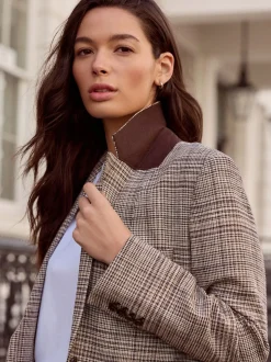 Marron - Blazer N. Premium à carreaux, riche en lin, simple boutonnage