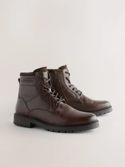 Marron - Bottes zippées en cuir doublées de peau de mouton