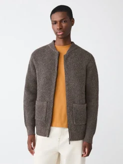 Marron - Cardigan zippé à texture côtelée en laine