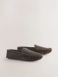 Marron - Chaussons mocassins en daim doublés de fausse fourrure