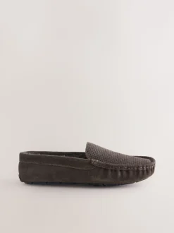Marron - Chaussons mocassins en daim doublés de fausse fourrure