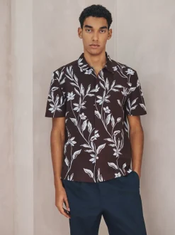 Marron - Chemise en lin et TENCEL™ Blend manches courtes à imprimé Fleuri
