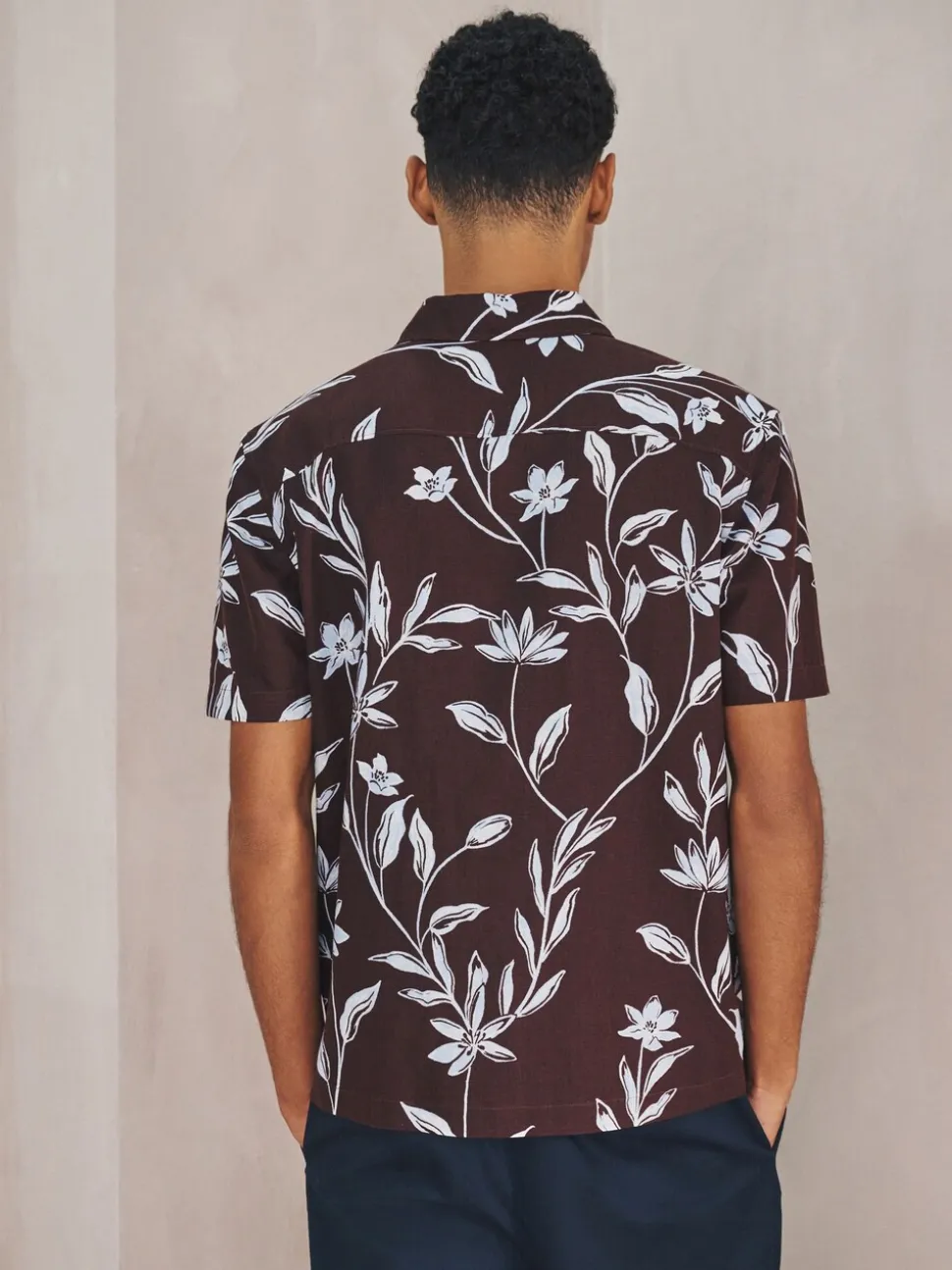 Marron - Chemise en lin et TENCEL™ Blend manches courtes à imprimé Fleuri