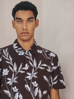 Marron - Chemise en lin et TENCEL™ Blend manches courtes à imprimé Fleuri