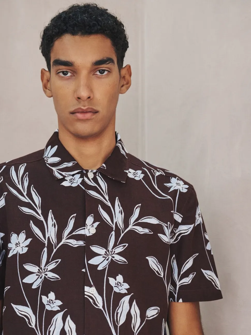 Marron - Chemise en lin et TENCEL™ Blend manches courtes à imprimé Fleuri