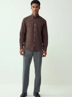 Marron - Chemise Oxford douce à manches longues
