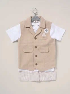 Marron - Little Gent Ensemble chemise, gilet et short 100% coton