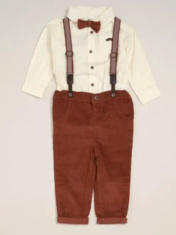 Marron - Little Gent nœud papillon en velours côtelé avec nœud papillon et pantalon avec bretelles