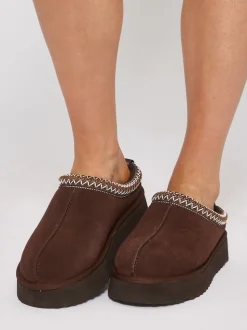 Marron - Mules tressées Loungeable Platform en peau de mouton véritable