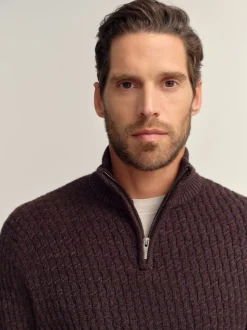 Marron - Pull texturé Coupe classique à col zippé
